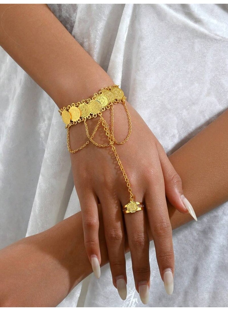 Saudi Founding Day Hand Bracelet with Ring – Multi-Layer Gold Coin Chain Accessory, Elegant Heritage Look for Events - Image 3